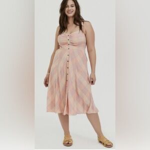 Womens Torrid 3 Peach Plaid Challis Button Front Midi Dress
